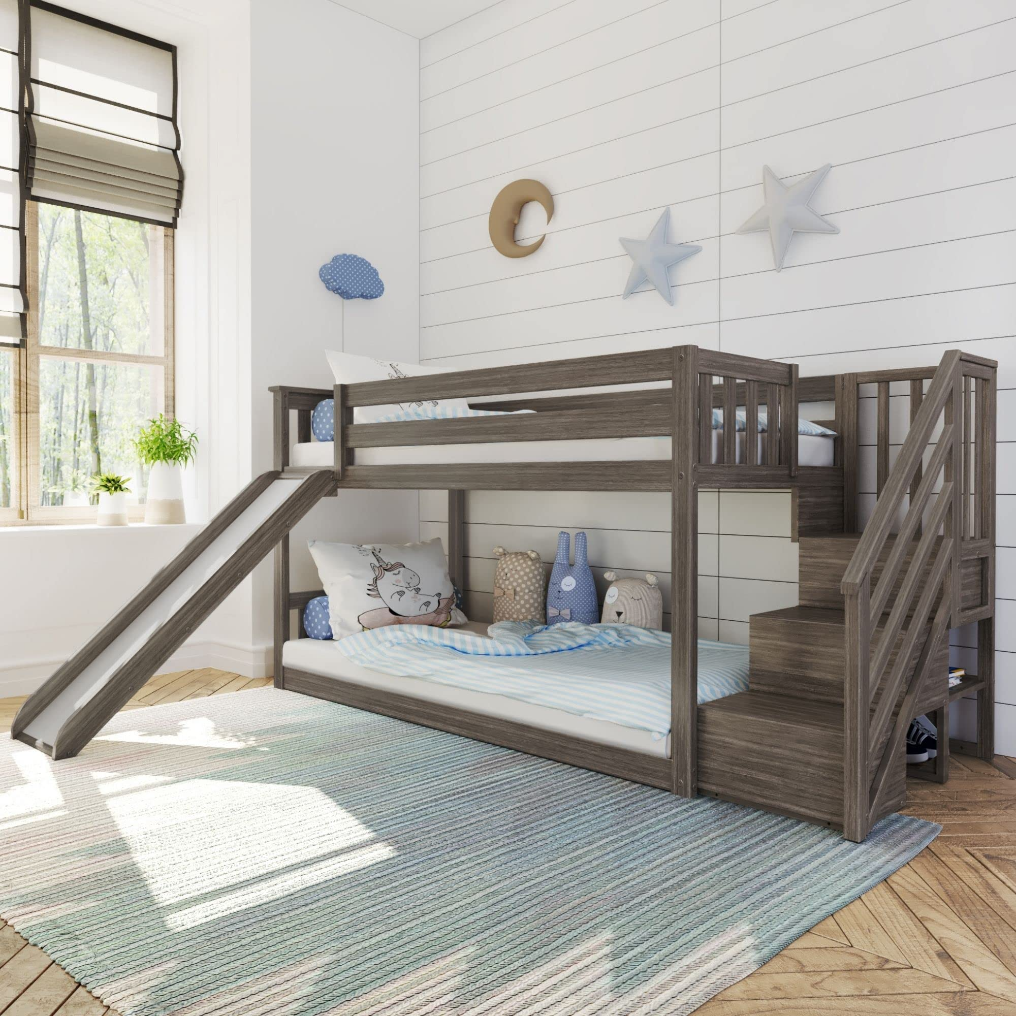 【Furniture】【BS】Low Bunk Bed, Twin-Over-Twin Bed Frame for Kids with Stairs & Slide, Clay