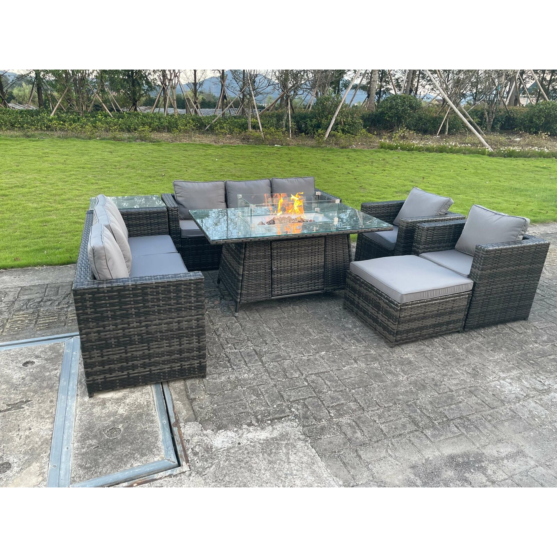 Outdoor Rattan Garden Furniture Gas Fire Pit Table Setting Recliner
