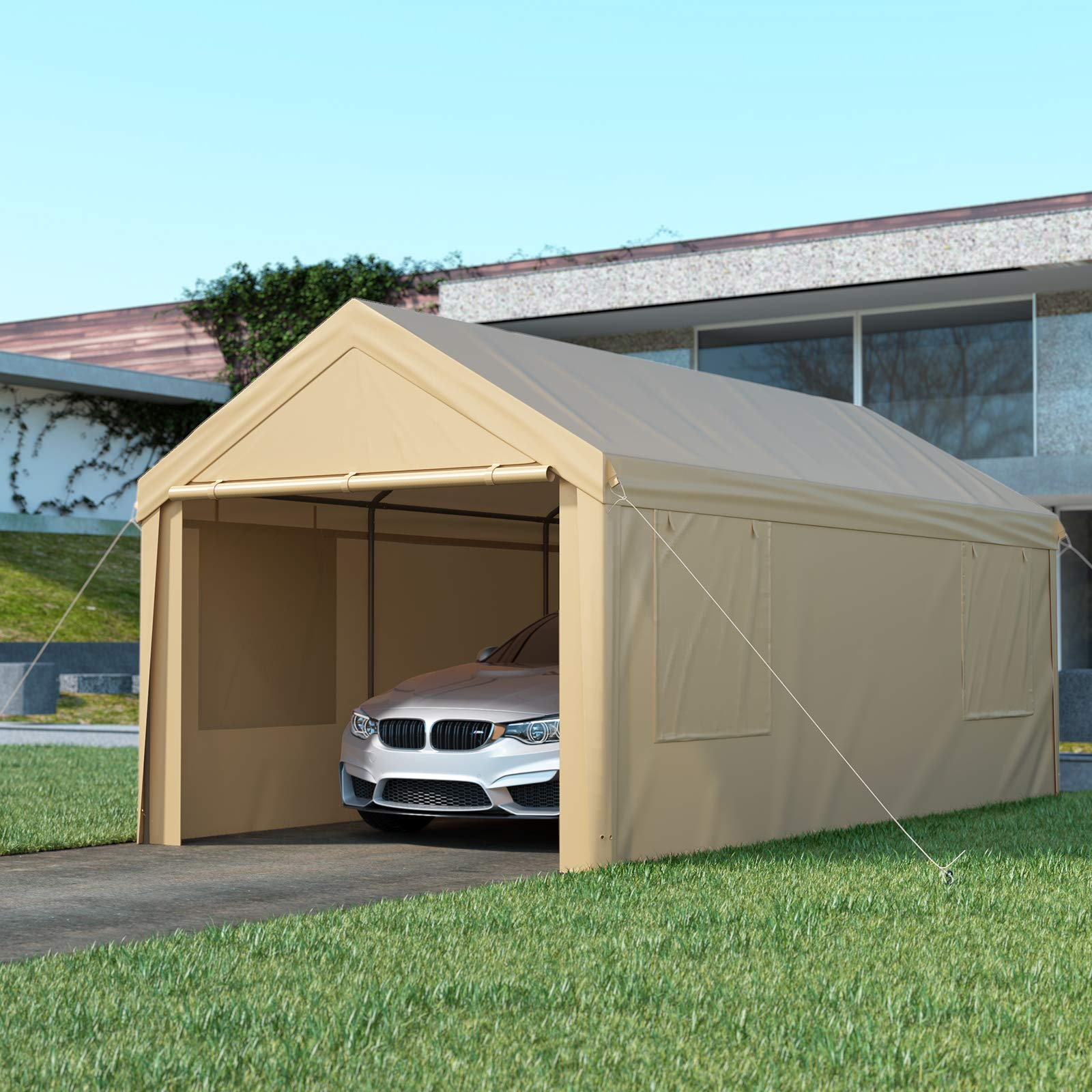 10x20ft Heavy Duty Carport, Portable Garage for Auto, Boat Market stall, Car Tent Windows, Beige