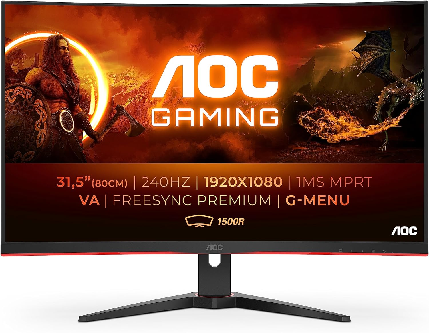 AOC Gaming C32G2ZE - 32 Inch FHD Curved Monitor, 240Hz, 1 ms MPRT, VA AMD FreeSync Premium, Low Input Lag (1920x1080@ 240Hz, 300 cd/m², HDMI/DP)