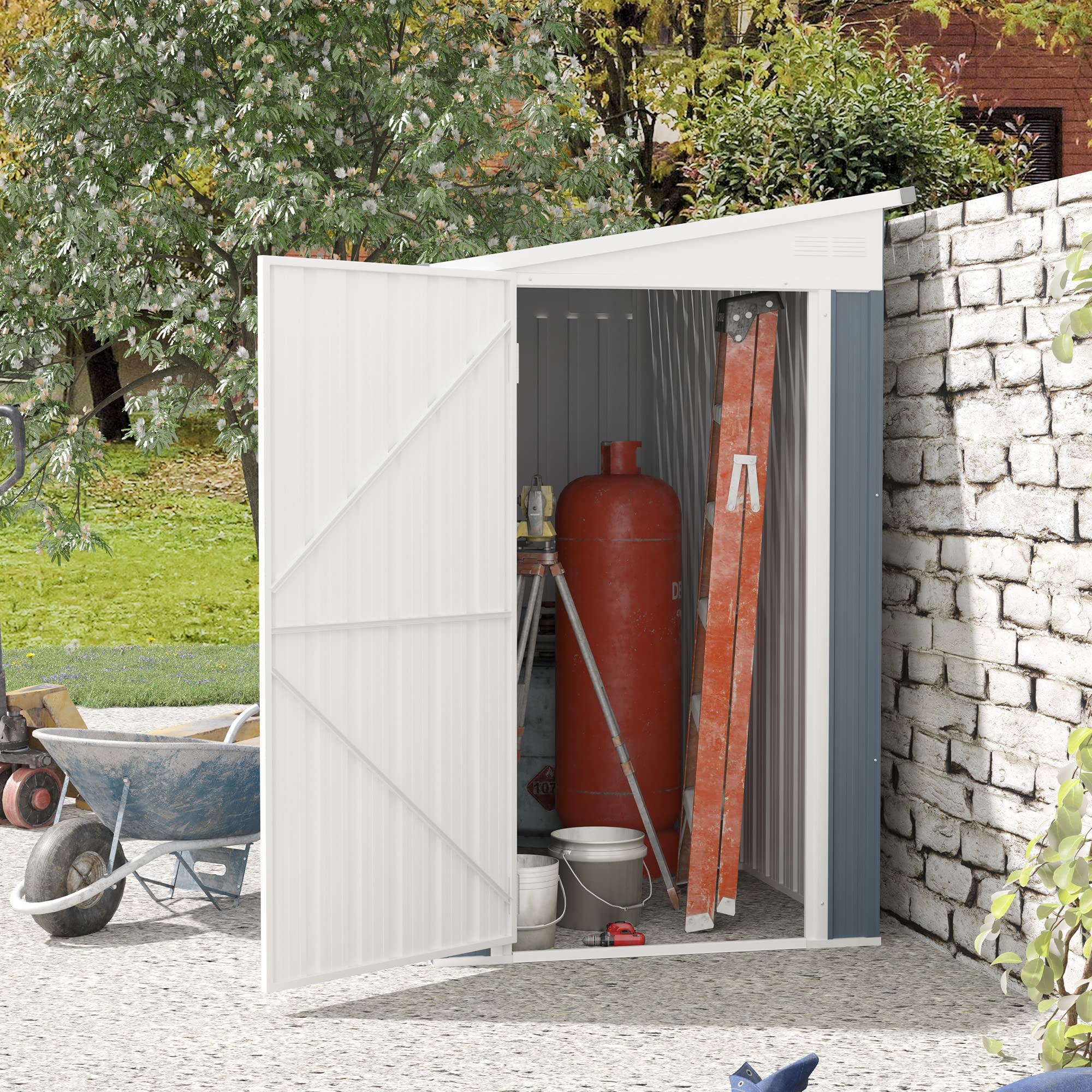 【Storage Shed】4' x 8' Steel Outdoor Sloping Metal Tool House with Lockable Doors & 2 Air Vents