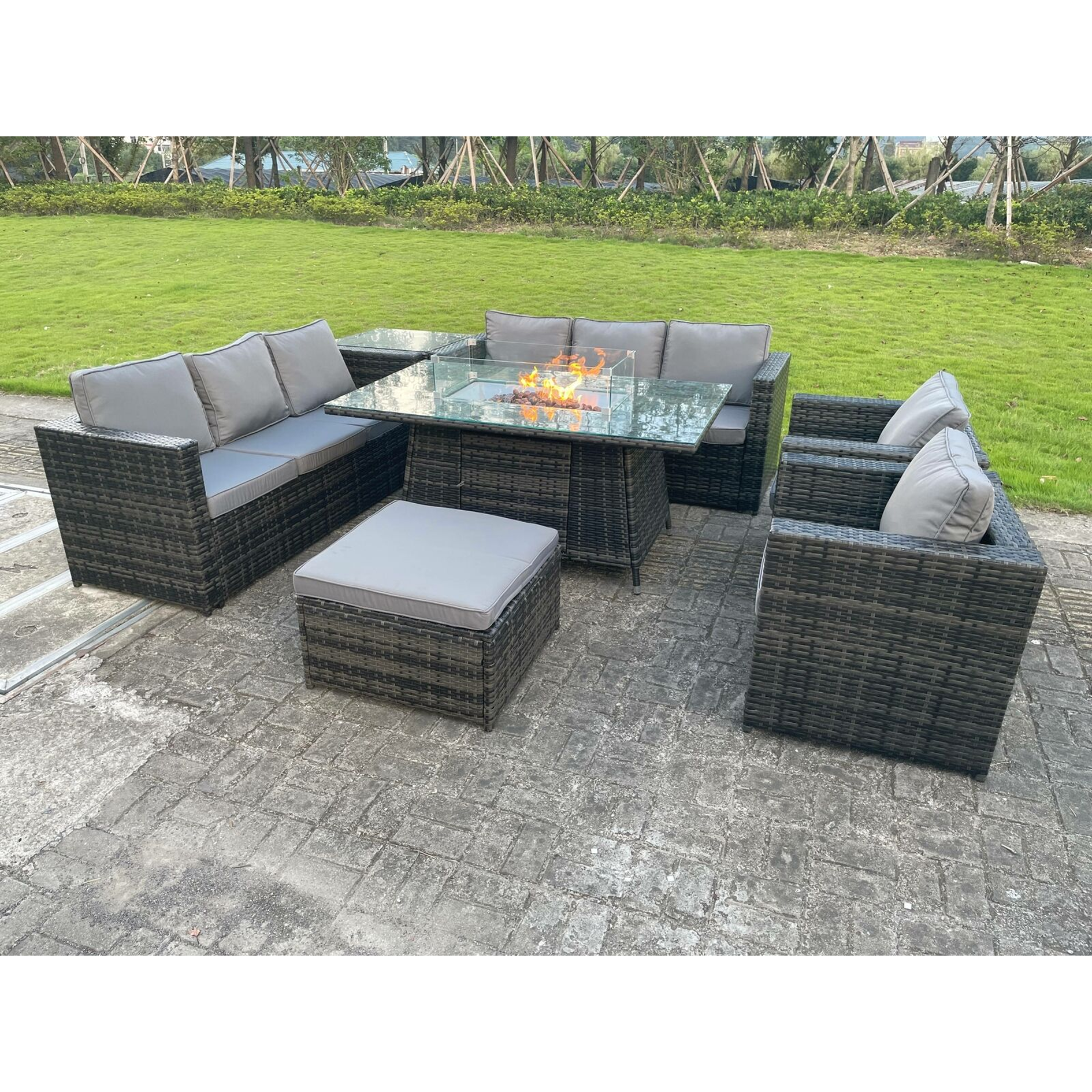 Outdoor Rattan Garden Furniture Gas Fire Pit Table Setting Recliner