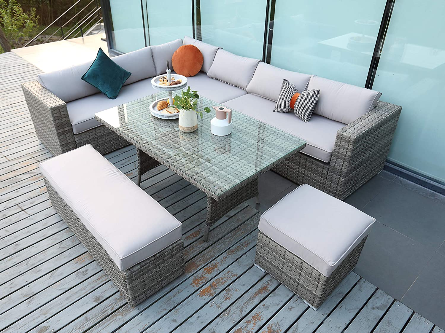 Ecosunny Rattan Garden Furniture Andrew 9 seaters Convertible Corner Sofa (288cm x 225cm x 81cm) Dining Table Set with Bench, Stool and Raincover, Flat pack - Mixed Grey Rattan and Light Grey Cushion