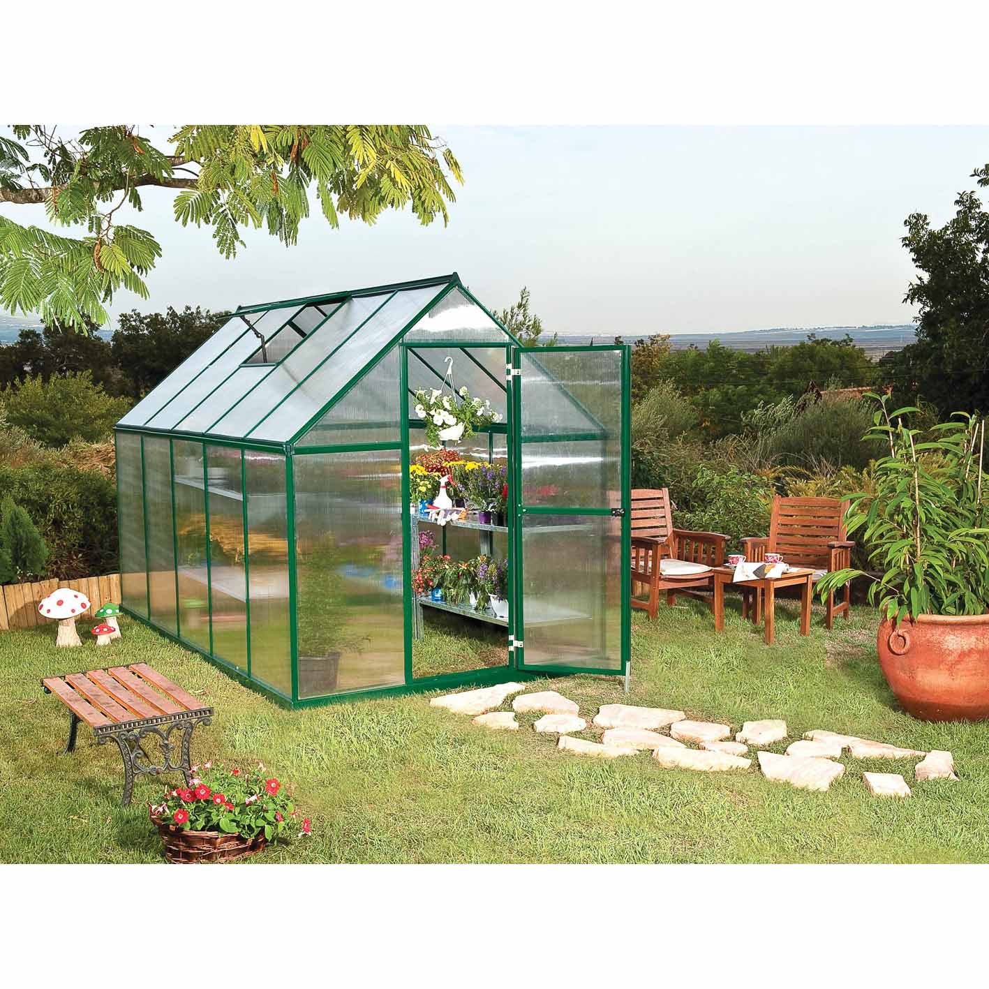 Palram Canopia Mythos 6x10 Silver Greenhouse -TwinWall Polycarbonate, Aluminum Frame, Base Included