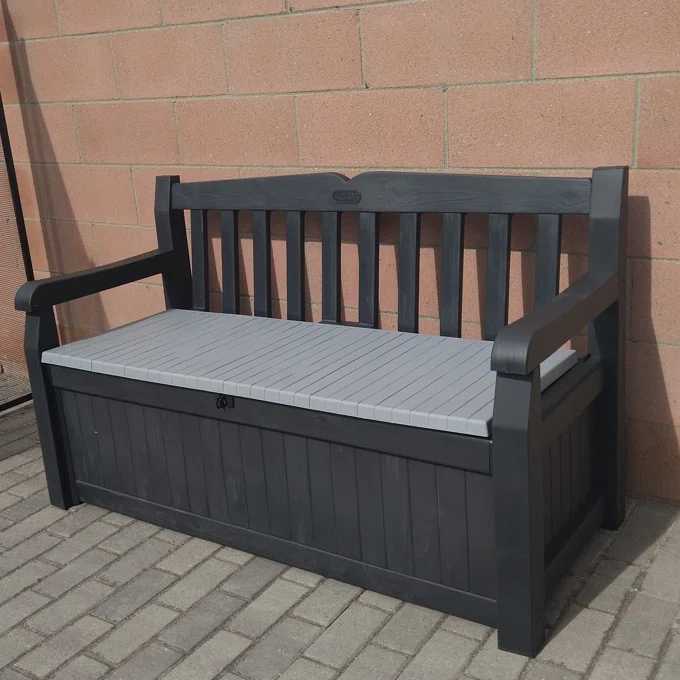 【Storage Shed】Solana Chic Elegant Wood-Look Storage Bench with Comfy Durable Weather Resistance Sitting