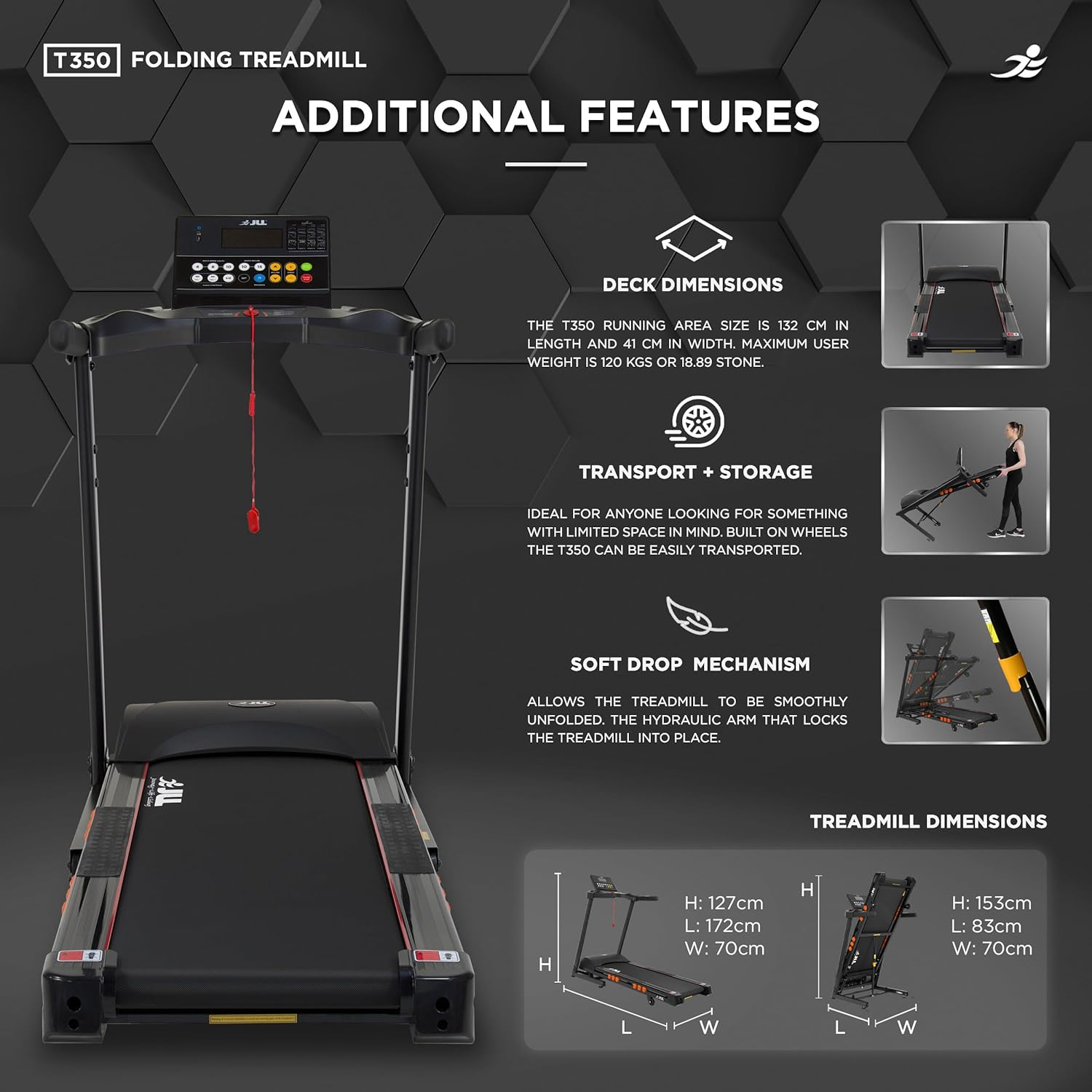 JLL T350 Digital Folding Treadmill, 2024 New Generation Digital Control 4.5HP Motor, 20 Incline Levels,0.3km/h to 18km/h, 20 Programmes, Bluetooth & Speakers, 2-Year Parts&Labor, 5-Year Motor Cover