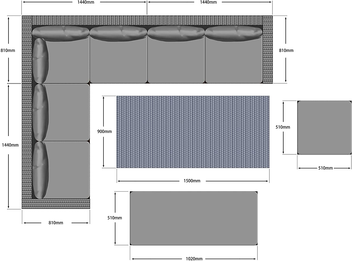 Ecosunny Rattan Garden Furniture Andrew 9 seaters Convertible Corner Sofa (288cm x 225cm x 81cm) Dining Table Set with Bench, Stool and Raincover, Flat pack - Mixed Grey Rattan and Light Grey Cushion