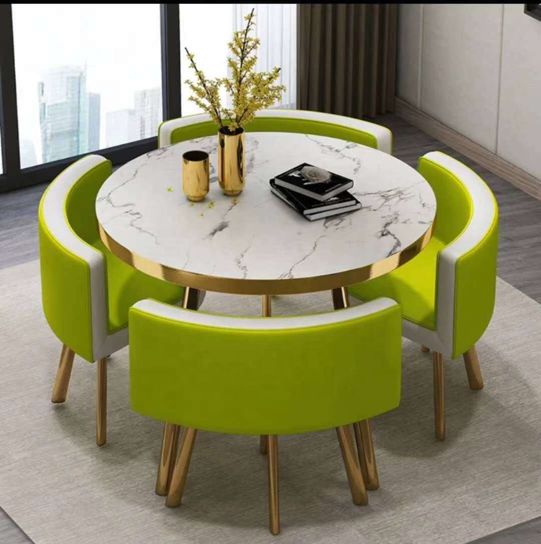 【Furniture】【BS】Small Round Wooden Dining Table Set with 4 Upholstered Chairs for Corner Balcony