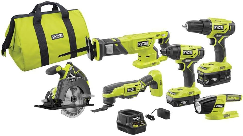 RYOBI P1819 18V Combo Kit: Drill, Impact Driver, Saw, Multi-Tool, Worklight, Batteries, Charger & Bag
