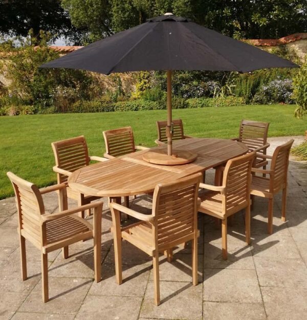 Teak garden dining set is amazing value - double extending table 1.8m to 2.4m, 8 x teak stacking chairs, free 3m parasol and cushions