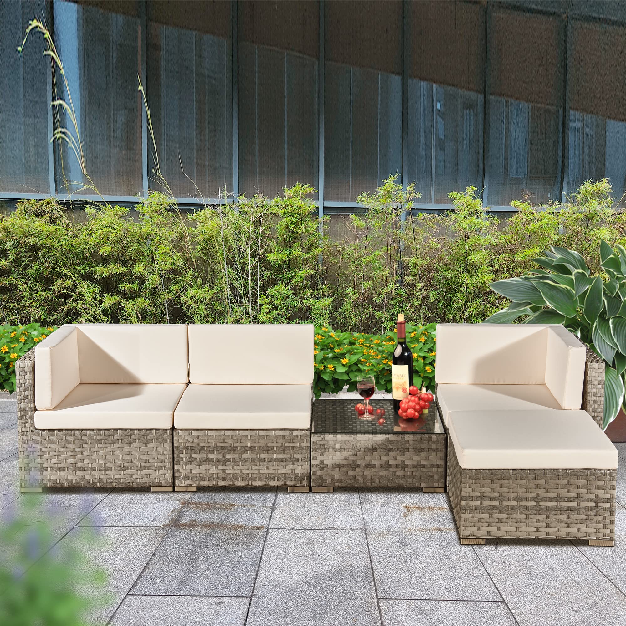 ASOWNSUN Rattan Garden Furniture Sets 4 Seater Patio Sofas with Coffee Table, Cushions, All-weather Outdoor Corner Sofa Patio Conversation Sets,Outdoor Furniture Sets Table Sofa Chair