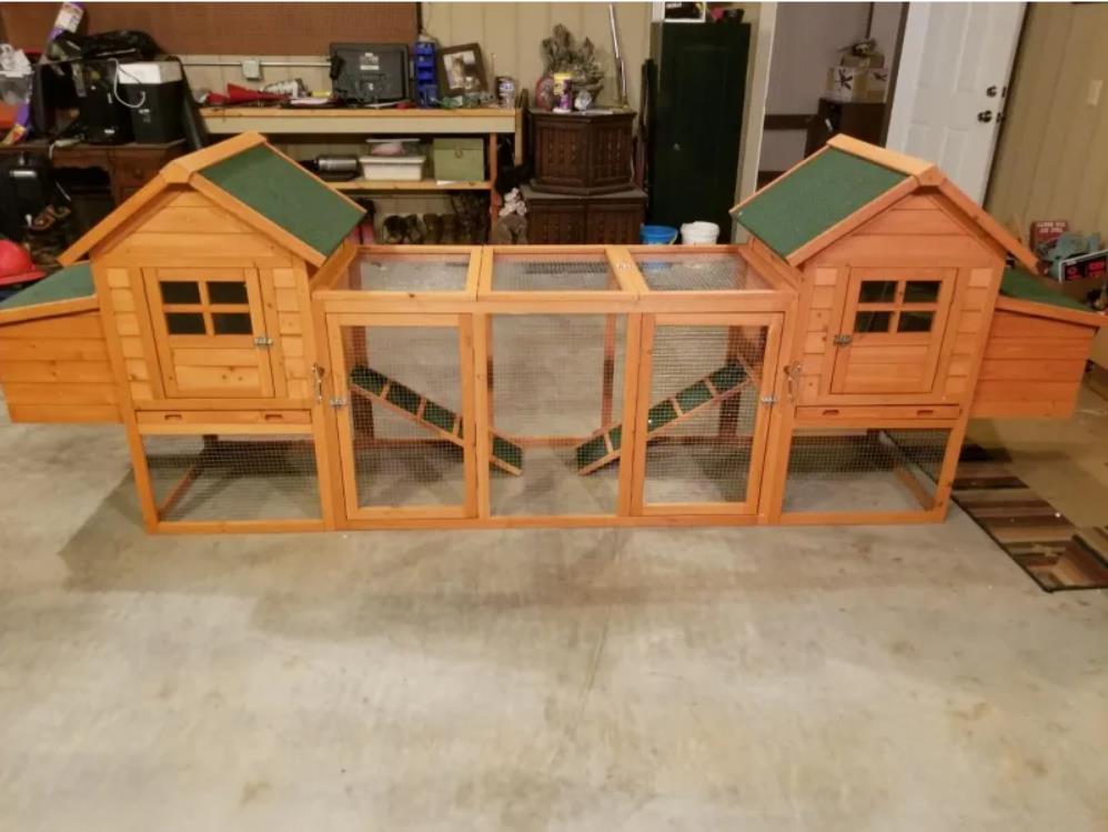 PawHut 124 Double Coop Wooden Large Coop Rabbit Hut Hen Cage Backyard with Outdoor Ramp and Nesting Box