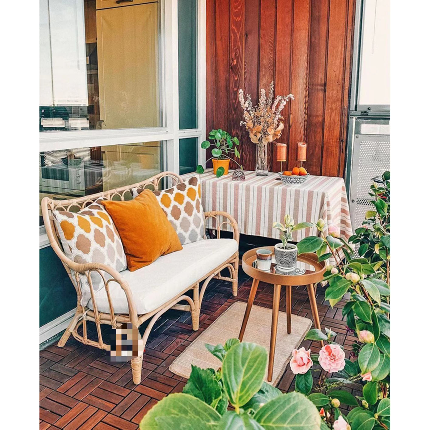 Rattan furniture bamboo sofa chair three-person small apartment outdoor balcony living room combination system IKEA home B&B table and chairs