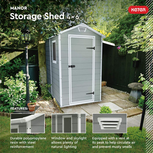 KETER Manor 4x6 Resin Outdoor Storage Shed Kit-Perfect to Store Patio Furniture, Garden Tools Bike Accessories, Beach Chairs and Lawn Mower, Grey & White