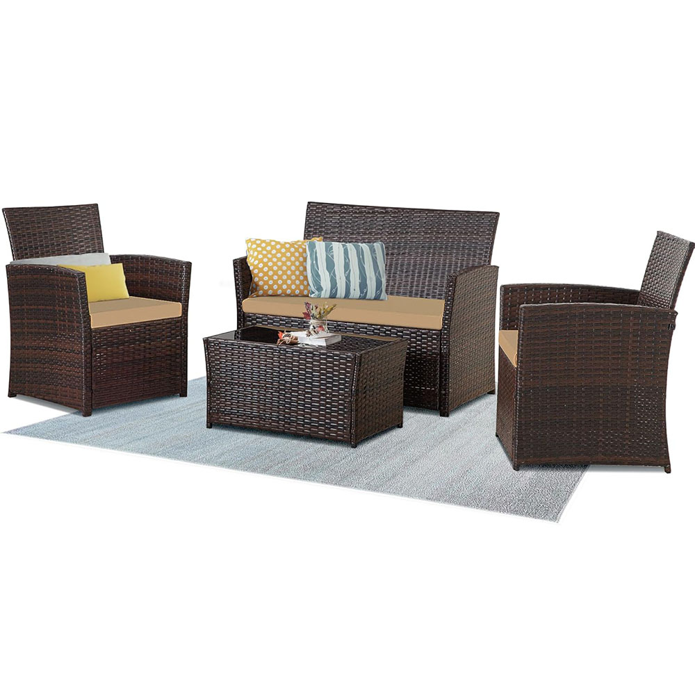 4 Piece Patio Furniture Set, Indoor/Outdoor Rattan Sectional Sofa Living Room Bistro Set