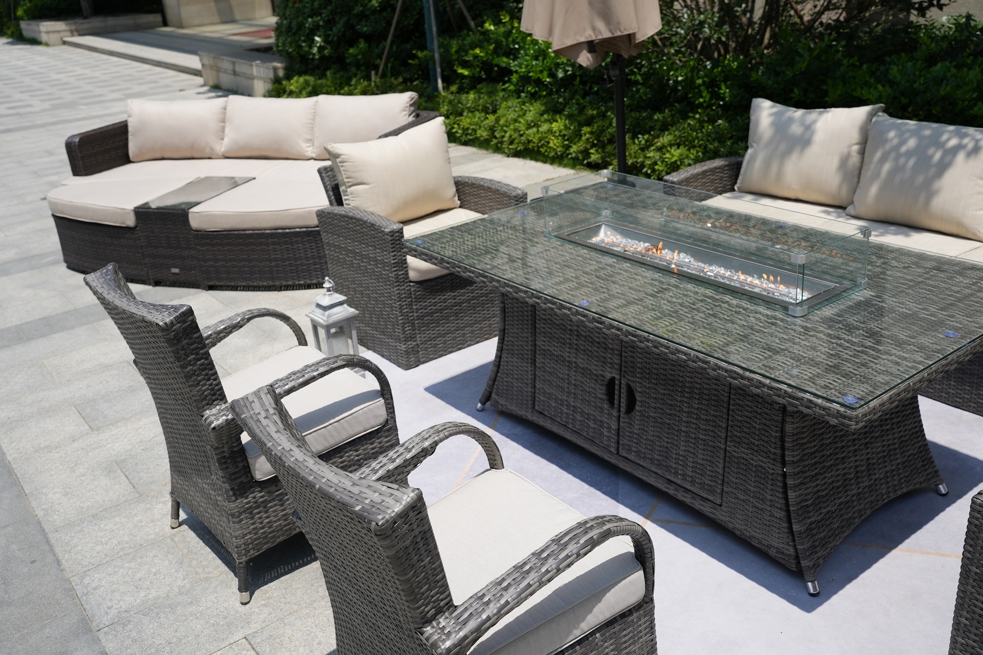 Wicker Patio Gray Wicker Conversational Seating Set with Rectangular Glass Fire Pit Table and Back Chair (Patio Set Option)