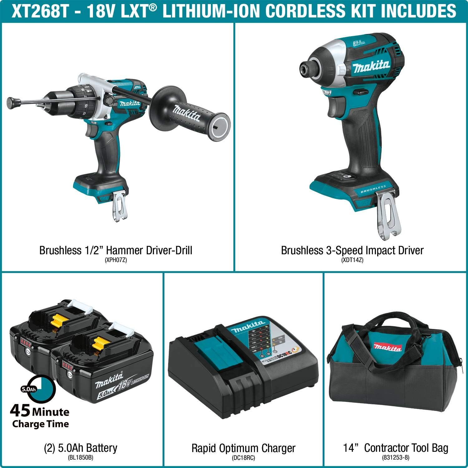 XT268T 18V LXT lithium ion brushless cordless 2-piece combo set (5.0Ah)