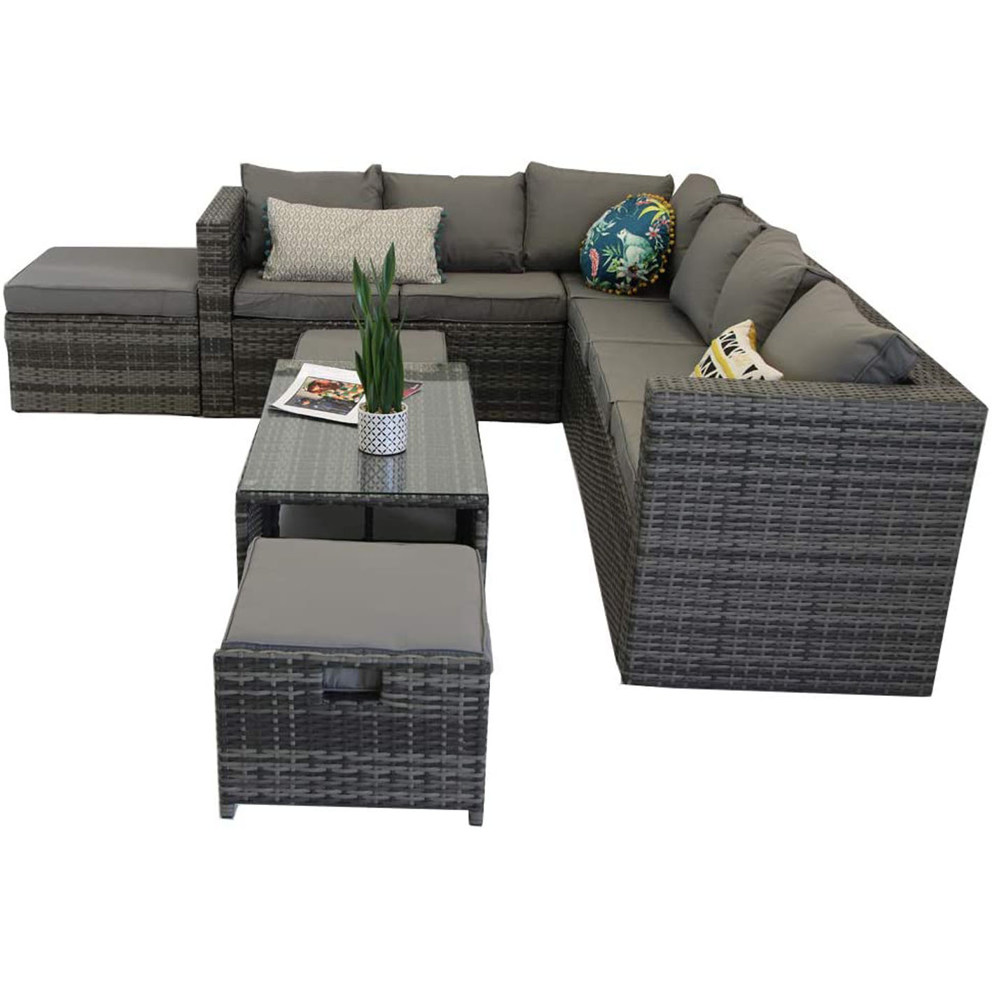 YAKOE VANCOUVER 9 SEATER CORNER RATTAN GARDEN SET IN GREY WITH FITTING COVER