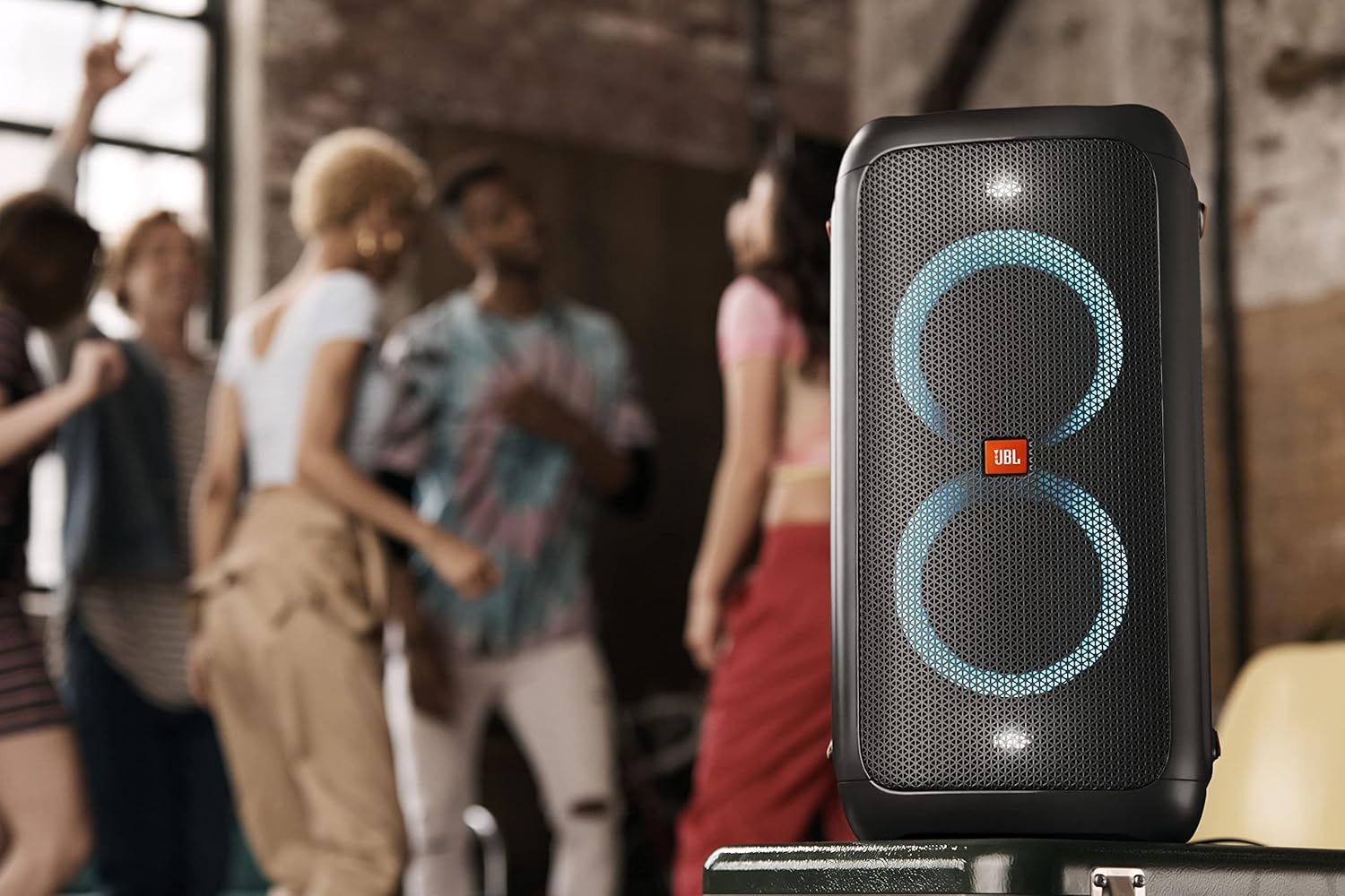 JBL PartyBox 100 Bluetooth Party Boombox Speaker, High-Power Audio System with Light Effects and Mic/Guitar Inputs, Black with Neon Multicoloured Lighting